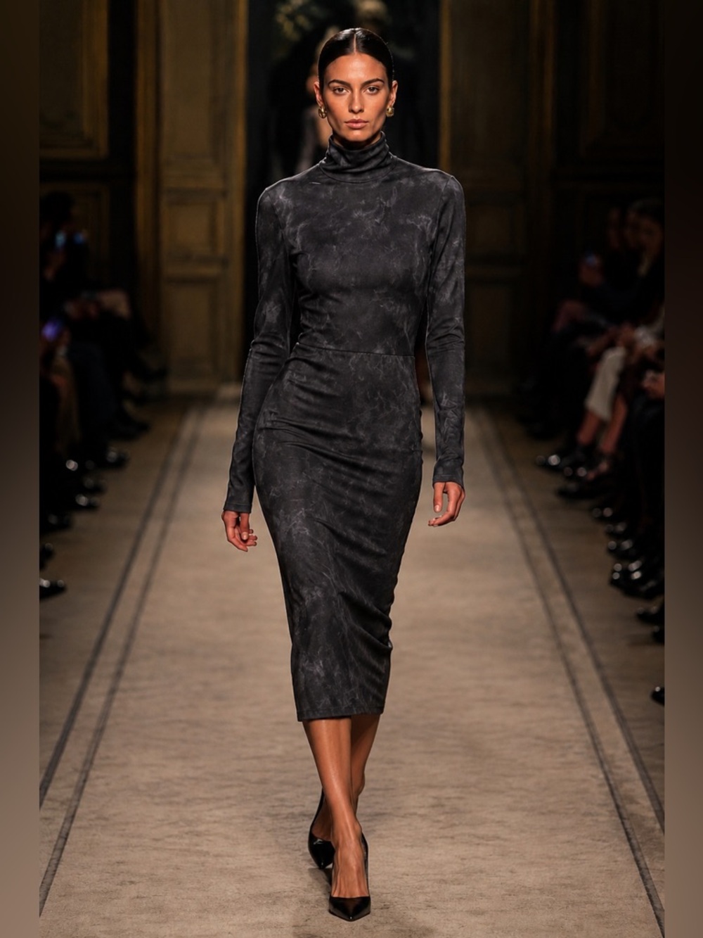 Sleek Long-Sleeve Turtleneck Midi Dress in Charcoal